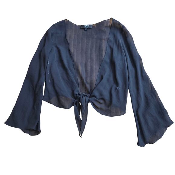 Tadashi Women Vtg Y2K Fairy Whimsigoth Sheer Black Flare Sleeve Tie Front Top 8 - Picture 8 of 12